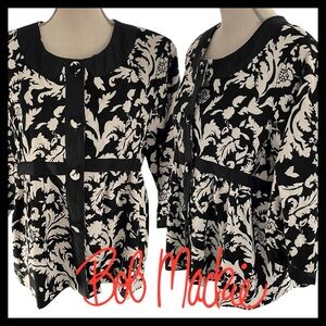 NWT Bob Mackie Black/White Linen Blend Scoop Neck 3/4 Puff Sleeve Jacket (14)